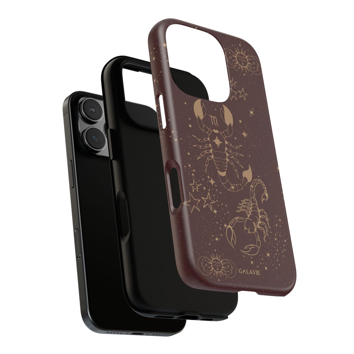 Scorpio Zodiac Phone Case in Chocolate, three-layer view of the phone, TPU lining and polycarbonate shell