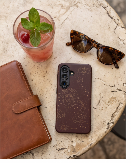 Capricorn Zodiac Phone Case in Chocolate on a café table, lifestyle photo