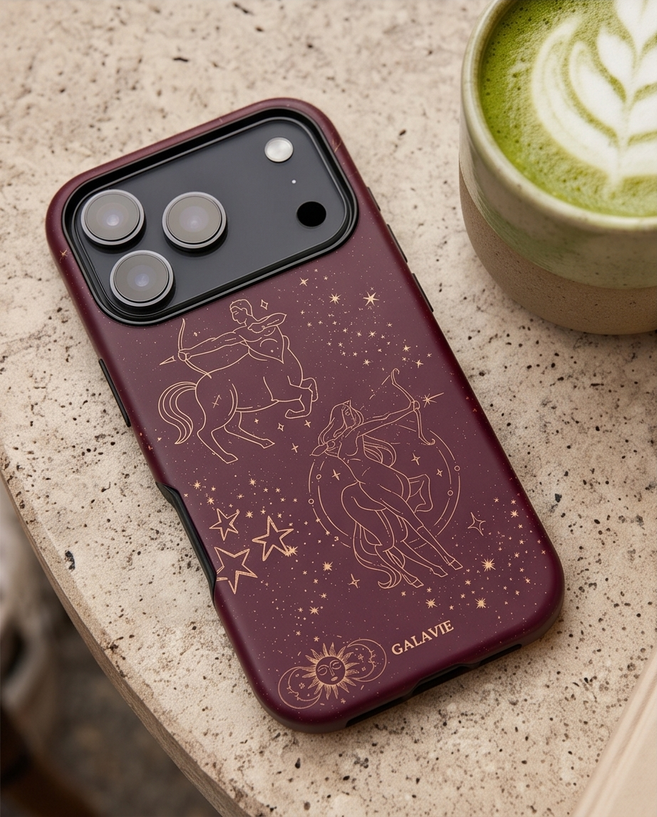 Sagittarius Zodiac Phone Case in Merlot on a café table, lifestyle photo