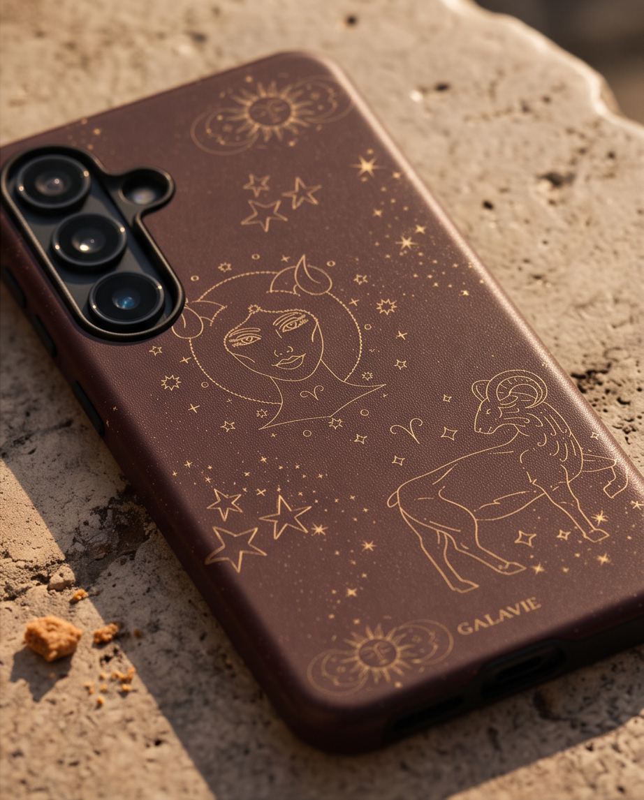 Aries Zodiac Phone Case in Chocolate with gold line art on a stone table