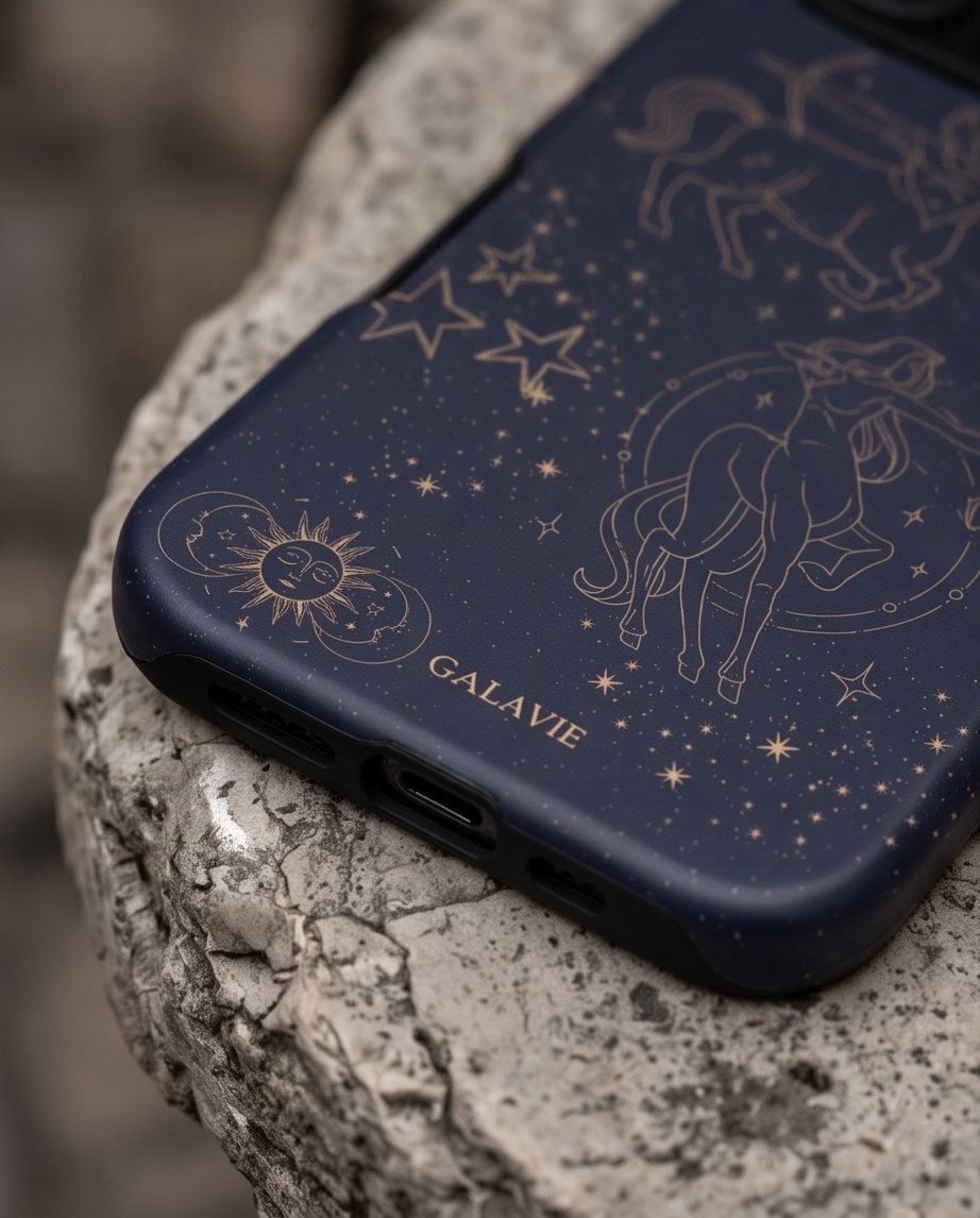 Sagittarius Zodiac Phone Case in Navy on a stone table, lifestyle photo